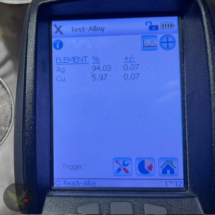 XRF analyzer screen showing silver and copper percentages for a sample